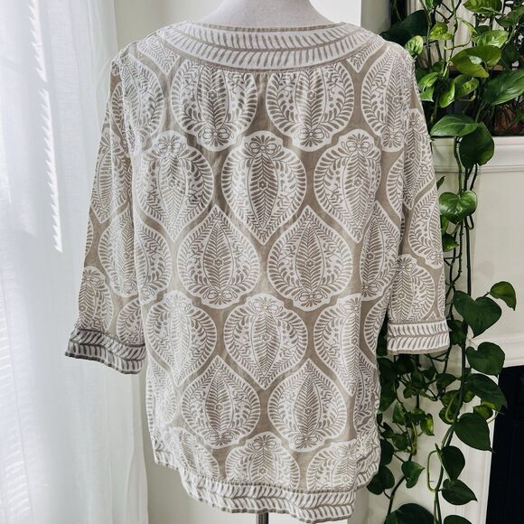 Gretchen Scott 100% Cotton Leaf Print Tunic Blouse Earthy Boho Vegan Natural Lg - Picture 6 of 8